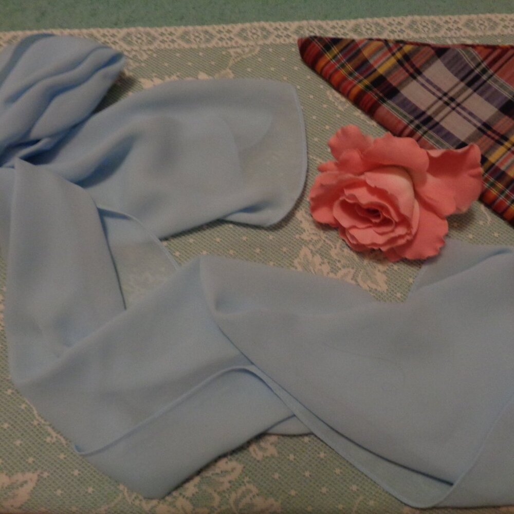 RETRO 60 70S LONG CHIFFON Blue SCARF & 60S Plaid Kerchief Lot